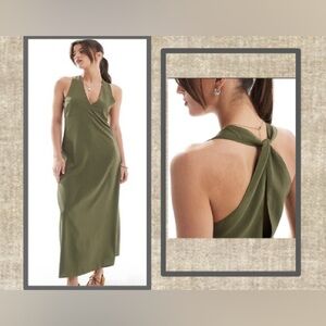 ASOS/Only Olive Green Twist Back Halter Maxi Dress Size 8 (Kaki Olive Green)